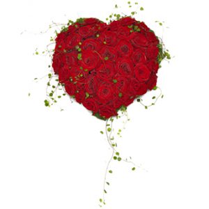 Sorgdekoration i form av ett hjärta. Dekorationen består av röda rosor och slideranka.