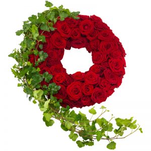 Elegant begravningskrans med mängder av röda rosor, ackompagnerade av murgröna på ena sidan. Beställ begravningskransen online hos Euroflorist, så skickas den med bud ända till aktuell kyrka eller kapell.