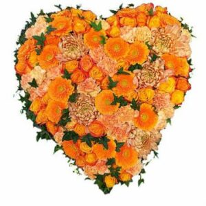 Mycket vackert begravningshjärta, fyllt med snittblommor i orange tillsammans med gröna blad. Beställ hjärtat online hos blomsterförmedlingen Florister i Sverige!