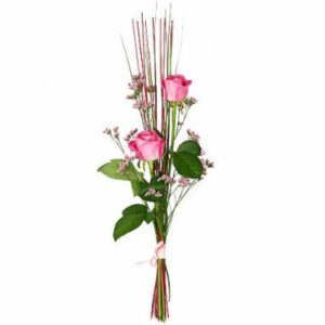 Enkel nivåbukett, med två rosa rosor och dekorationsgrönt och dekorationspinnar. Skicka med bud vida Florister i Sverige!