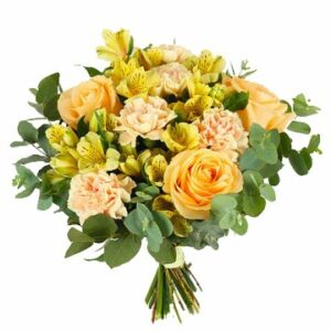 Blombukett med blandade blommor i gult. En bukett som utstrålar sol, värme och energi! Beställ blommorna online hos Florister i Sverige.