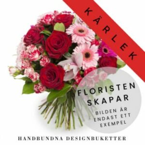 Floristbunden bukett i rött och rosa. För romantiska tillfällen. Beställ hos Florister i Sverige!